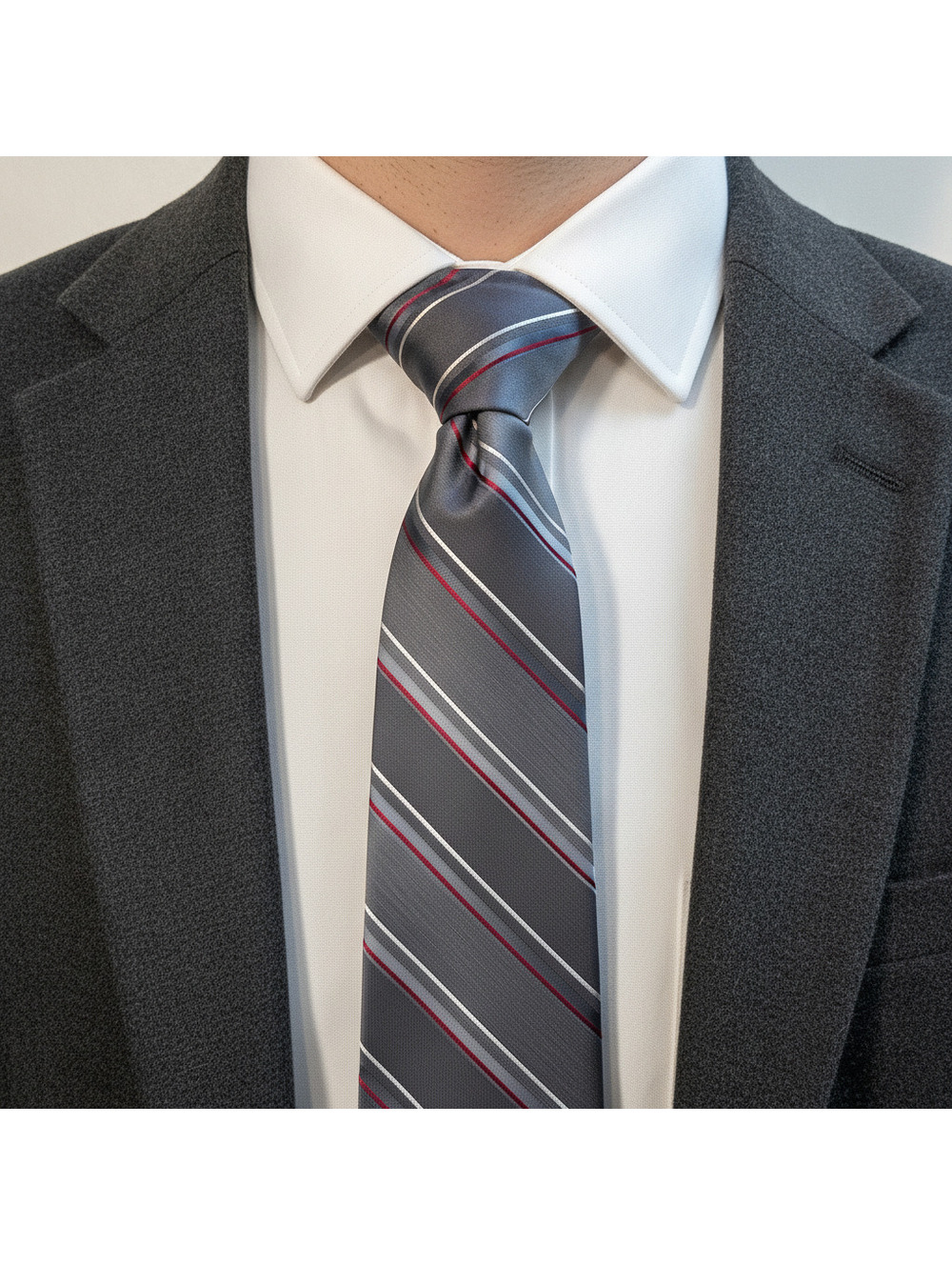 Envoy Gray Striped Men's Tie with Red and White Accents